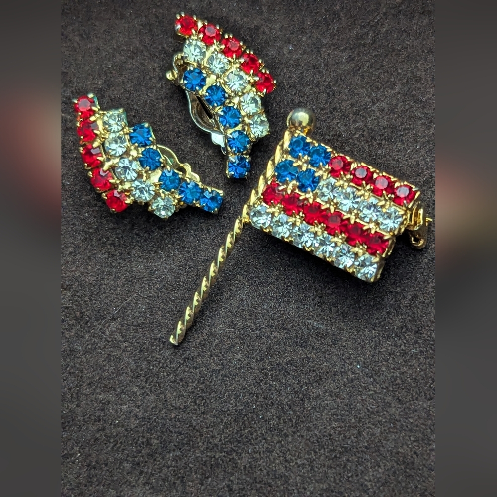 Patriotic Flag Brooch and Earrings Set